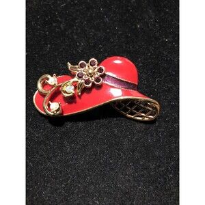 Red Hat Society Gold Enameled Brooch With Glass Crystal Stones, Vintage Brooch